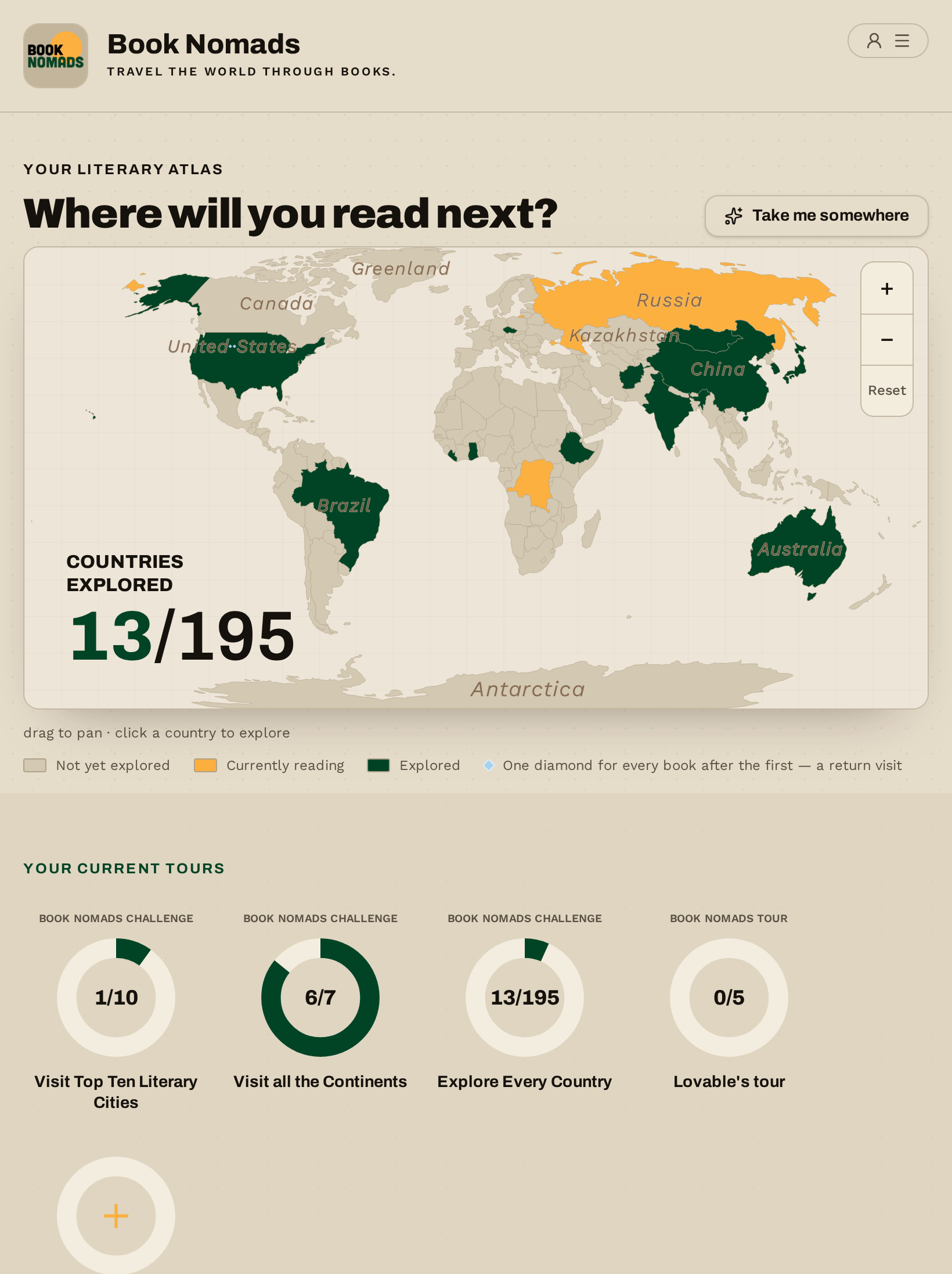 A Book Nomads reader's literary atlas with explored countries filled in and their reading progress circles