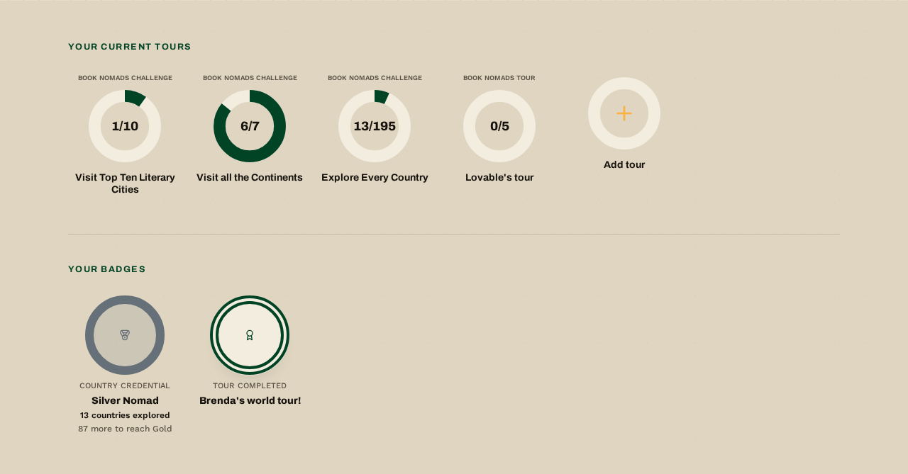 Book Nomads progress rings, tour progress, and completed journey credentials