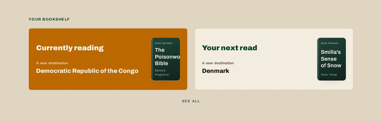 A Book Nomads bookshelf showing a current read and the next literary destination