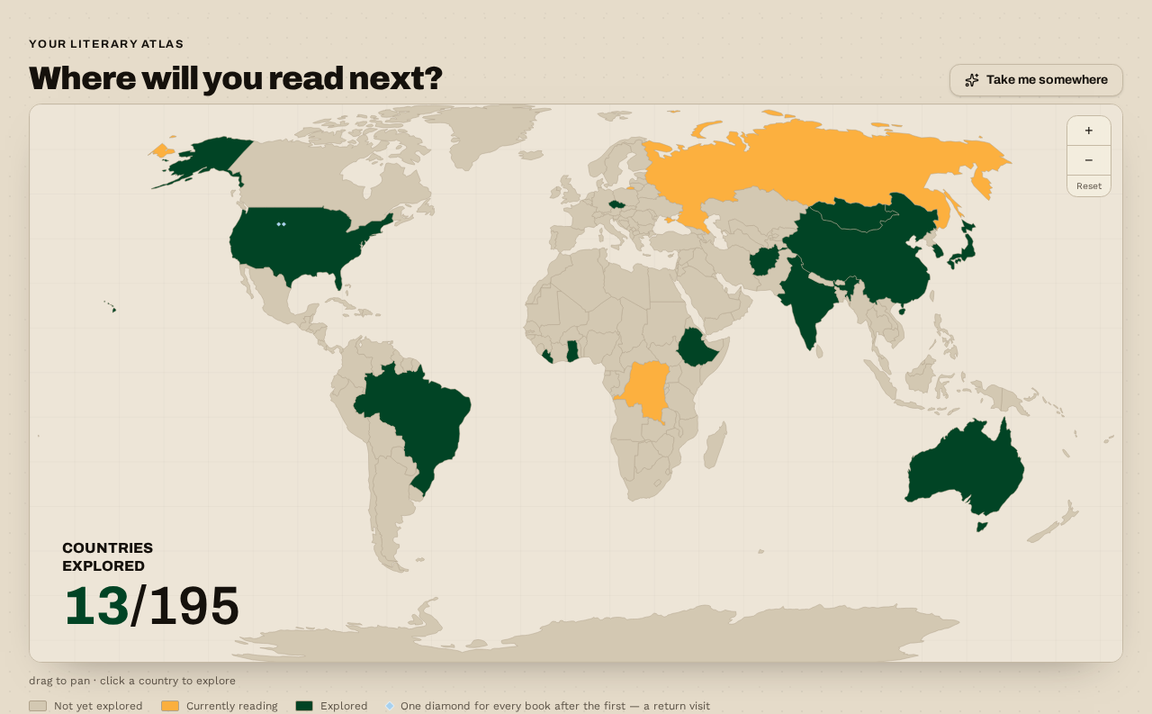 A personal Book Nomads atlas showing explored countries and books in progress